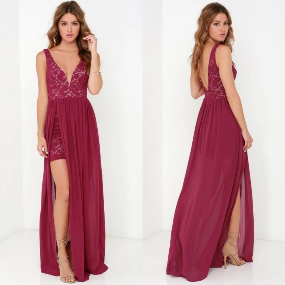 NWT Lulu's Make Way for Wonderful Berry Red Lace Maxi Dress